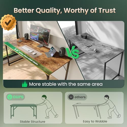 Huuger Computer Desk, 55 Inch Home Office Desk, Gaming Writing Work from Home Study Desk, Large Legroom, Sturdy Metal Frame, Modern Simple, Rustic Brown