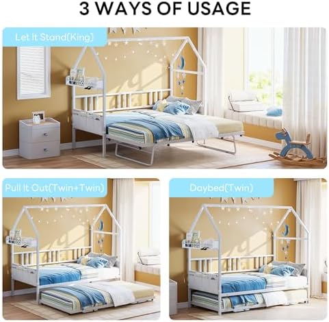 LIKIMIO Daybed with Trundle, House Bunk Twin Bed Frame with Storage,Day Sofa Bed for Living Room, Bedroom and Guest Room,White