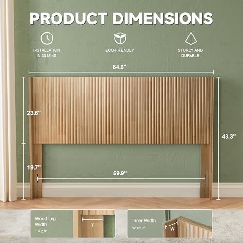 Wood Headboard Queen Size, 64.6" Wide Wooden Queen Headboard Only, Modern Farmhouse Headboards, Wall Mounted Fluted Panel, Wingback Boho Headboards, Natural