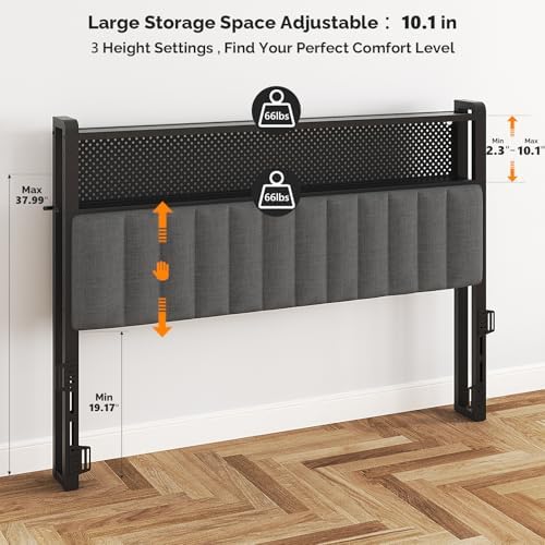 VINGLI Queen Size Headboard Only, Adjustable Upholstered Headboard with 2 Tier Shelves and Pegboard with Charging Stations and LED Lights, Modern Bed Headboard with Storage for Bedroom Decor