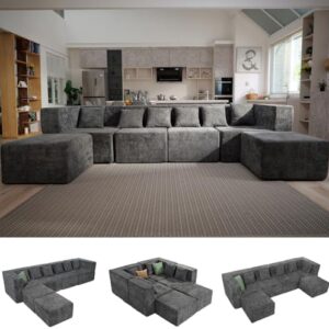 Modular Sectional Cloud Couch for Living Room - 130'' 6 Seater Convertible Chenille Couches Set with Ottoman, No Assembly Compression Sofas, Comfy Floor Sofa with Memory Foam, Dark Grey