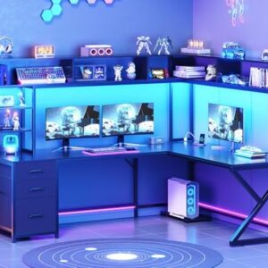 SEDETA L Shaped Gaming Desk with Storage Shelves and Hutch, Convertible 94.5" Computer Desk with Drawers, Corner Computer Desk with Power Outlet, LED Lights, Pegboard for Home Office, Black