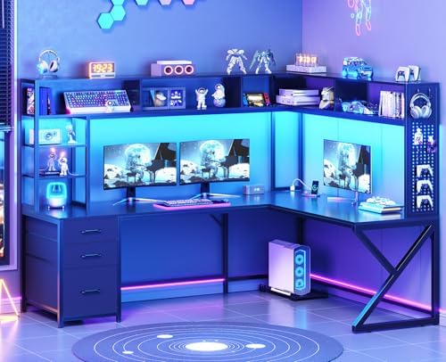 SEDETA L Shaped Gaming Desk with Storage Shelves and Hutch, Convertible 94.5" Computer Desk with Drawers, Corner Computer Desk with Power Outlet, LED Lights, Pegboard for Home Office, Black