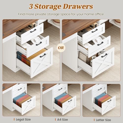 SEDETA Farmhouse 96.5" Computer Desk with Drawers, 2 Person Home Office Desk, Gaming Double Desk with Storage Shelves, Long Two Person Writing Desk (White and Brown)