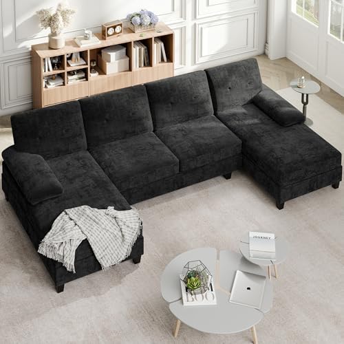 Shintenchi U-Shaped Sectional Couches for Living Room, 4 Seat Sofa with Double Chaise Lounges,Solid Wood Frame Sectional Sofa for Apartment,Black