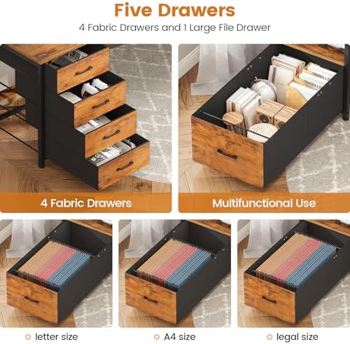 SEDETA Home Office Desk with File Drawer & Power Outlet, 75'' Large Computer Desk with 5 Drawer, Storage Shelves, Monitor Shelf and Led Lights, 23.6" W Desktop Gaming Desk, Rustic Brown