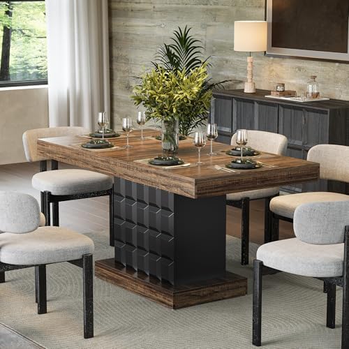 LITTLE TREE 63" Modern Dining Table, Rectangular Dinner Table for 4-6, Farmhouse Kitchen Table, Sturdy Wood Pedestal Base for Kitchen/Dining Room, Rustic Brown & Black