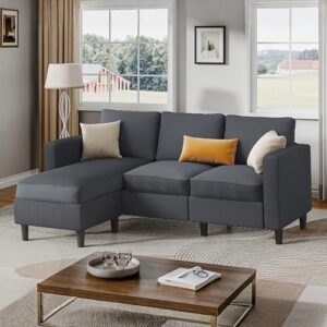 Shintenchi Small Sectional Sofa Couches,L Shape Convertible Sofa with Ottoman,3 Seat Comfy Corduroy Upholstered Sofa Couch,Small Couch for Apartment,Living Room and Office(Grey)