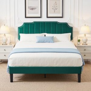 VECELO Full Size Velvet Upholstered Platform Bed Frame with Nailhead Trim,Tufted Height Adjustable Headboard,Vintage Bed with Wooden Slats/No Box Spring Needed/Under Bed Storage/Easy Assembly