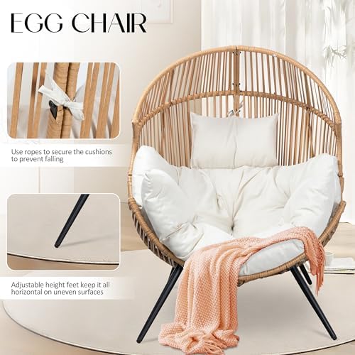 JAMFLY Egg Chair Wicker Outdoor Chairs, Oversized Patio Chair Oversized Lounger Chair with Cushion for Indoor Living Room, Bedroom, Outside Patio Backyard Balcony, Beige