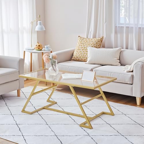 HOOBRO Coffee Table, Rectangular Gold Coffee Table, Modern Glass Center Table, 2-Tier Center Tea Tables with Metal Frame for Living Room, Home Office, Gold GD11KF01