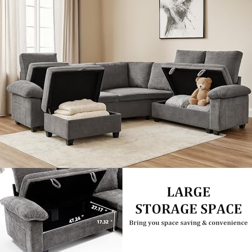 108 Inch Sectional Sleeper L Shaped Sofa with Pull Out Bed, 7 Seat Modular Sectional Sofa with Storage, Modern Chenille Cloud Couch, Sectional Couches for Living Room, Gray