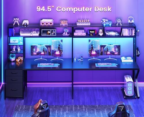 SEDETA L Shaped Gaming Desk with Storage Shelves and Hutch, Convertible 94.5" Computer Desk with Drawers, Corner Computer Desk with Power Outlet, LED Lights, Pegboard for Home Office, Black