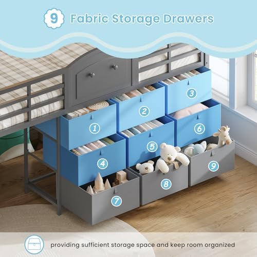 VIAGDO Low Loft Bed Twin Size with 9 Storage Drawers and LED Lights, Metal Twin Loft Bed with Stairway Shelf Storage, Low Loft Bed with Safety Guardrail and Under-Bed Hideaway for Kids, Grey