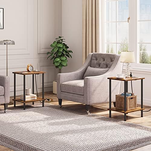 HOOBRO Side Table with Charging Station, Set of 2 End Tables with USB Port and Outlets, Nightstand with 2-Layer Storage Shelves for Small Spaces, Living Room, Bedroom, Rustic Brown BF09UBZP201