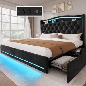 YITAHOME King Size Bed Frame with 4 Storage Drawers and RGB LED Lights, 57'' Tall Headboard Velvet Upholstered Bed with Charging Station, No Box Spring Needed, Easy Assembly, Noise-Free, Black