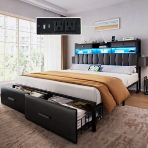 YITAHOME Full Size with 2 Storage Drawers and Charging Station, Upholstered Bed with Storage Headboard and LED Light, Heavy Duty Metal Frame Support, No Box Spring Needed, Noise Free, PU Leather Black