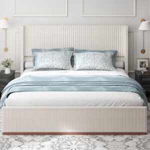 Queen Size Upholstered Bed Frame, Soft Corduroy Platform Bed with 47" Luxury Wingback Headboard, Solid Steel Slats Support, No Box Spring Needed, Noise Free, Easy Assembly, Cream