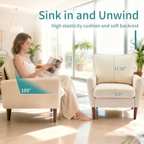 OLIXIS Comfy Accent Chair for Living Room Bedroom and Waiting Room, Upholstered Mid-Century Reading Chair with Pillow and Solid Wood Legs, Wide Singe Modern Lounge Sofa (Beige)