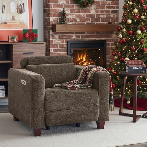 MCombo Zero Wall Recliner Chair, Wall Hugger Power Recliner Chair with Adjustable Headrest, High Wood Leg, USB & Type C Dual Charge Ports, for Living Room, Small Spaces, HL128 (Textile, Coffee)