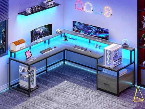 SEDETA L Shaped Desk, 66" Home Office Desk with Wood File Drawer & Power Outlet, Gaming Desk with Led Lights, Corner Computer Desk with Monitor Shelf, Printer Storage Shelves, Two Person Desk, Grey