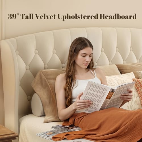 HISOFT Queen Platform Bed Frame, Velvet Upholstered Sleigh Bed with Wingback Tufted Headboard and Footboard, Quiet & Stable Support, No Box Spring Needed, Noise-Free Design, Easy Assembly, Beige