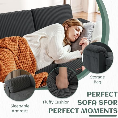 Vongrasig Convertible Sectional Sofa Couch, 3 Seat L Shaped Sofa with Removable Pillows Soft Corduroy Fabric Small Couch Mid Century for Living Room, Apartment and Office (Gray)