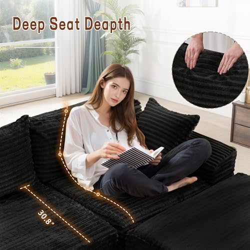 110" L-Shaped Modular Sectional Sofa with Chaise, Boneless Comfy Corduroy Fluffy Couch with Deep Seat and Side Pockets, Flexible Module Combination for Living Room, No Assembly, Side Pockets