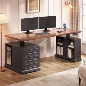 SEDETA Farmhouse Electric Standing Desk, 63" Height Adjustable Computer Desk with 3 Drawers, Storage Shelves, Power Outlets, Wood Home Office Stand up Desk for Work, Study, Writing, Black