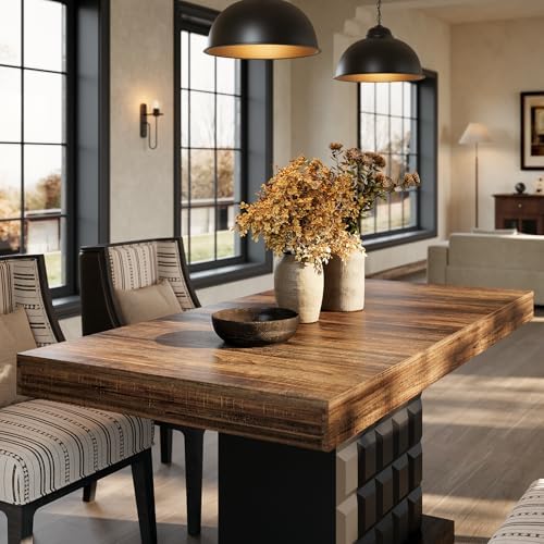 LITTLE TREE 63" Modern Dining Table, Rectangular Dinner Table for 4-6, Farmhouse Kitchen Table, Sturdy Wood Pedestal Base for Kitchen/Dining Room, Rustic Brown & Black