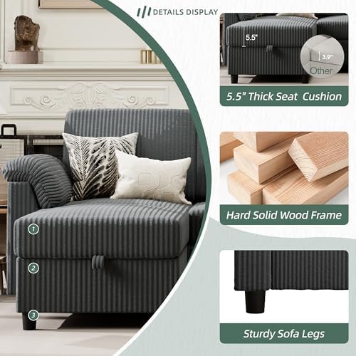 Vongrasig Convertible Sectional Sofa Couch, 3 Seat L Shaped Sofa with Removable Pillows Soft Corduroy Fabric Small Couch Mid Century for Living Room, Apartment and Office (Gray)