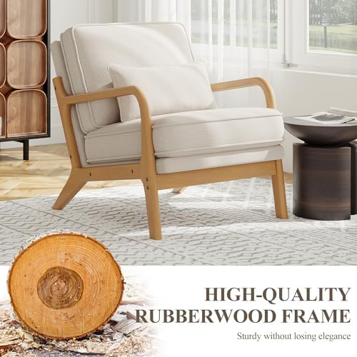 Mid-Century Accent Chair with Solid Wood Frame, Reading Relaxing Armchair Lumbar Pillow& Soft Cushion, Leisure Chair for Living Room, Bedroom, Waiting Room-Beige