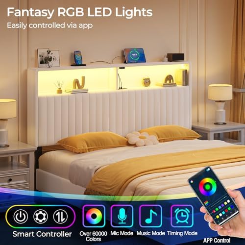 Rolanstar Headboard for Queen Size Bed with Storage, Head Board with USB & Type C Port, 60,000 DIY Color of LED Light, Velvet Upholstered, Height Adjustable, Sturdy, Easy Assembly, White