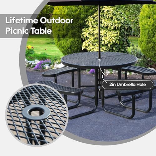 8-Person Picnic Tables for Outdoors, Industrial 46" Expanded Metal Round Picnic Table with 4 Benches & Umbrella Hole, Outside Table and Bench Set for Park, Garden, Backyard, Patio, Black
