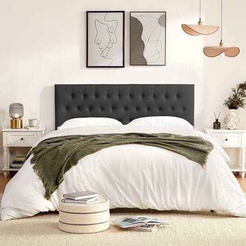 Tufted Upholstered Headboard Queen Size, Solid Wood Head Board with Durable Metal Legs, Adjustable Height Bed headboard from 37” to 51” Fabric Headboard in Modern Button Design (Black)