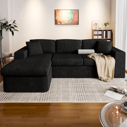 Vongrasig 105" Boneless Couches for Living Room, Sectional Couches Modular Sofa with L-Shaped Chaise, Memory Foam Comfy Cloud Couch with Plush Corduroy Fabric, No Assembly Required, Black