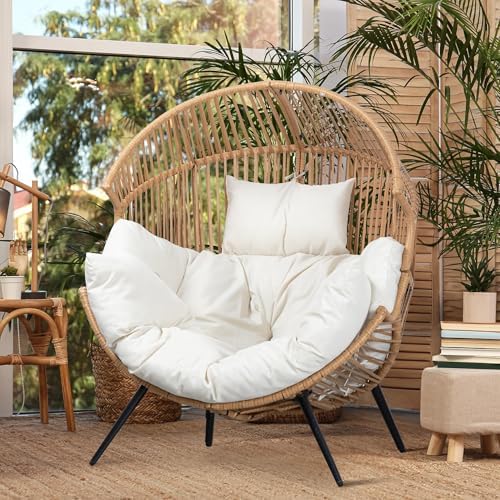 JAMFLY Egg Chair Wicker Outdoor Chairs, Oversized Patio Chair Oversized Lounger Chair with Cushion for Indoor Living Room, Bedroom, Outside Patio Backyard Balcony, Beige