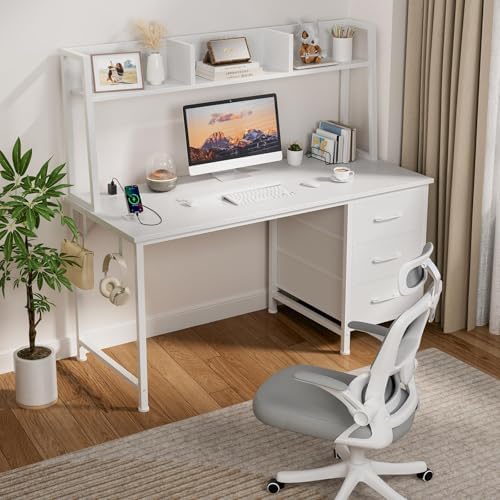 DLisiting White Computer Desk with Hutch & Drawers - Office Desk with 3 Storage Drawers and Power Outlets, 47 Inch Modern Study Writing Desk for Bedroom Home Office