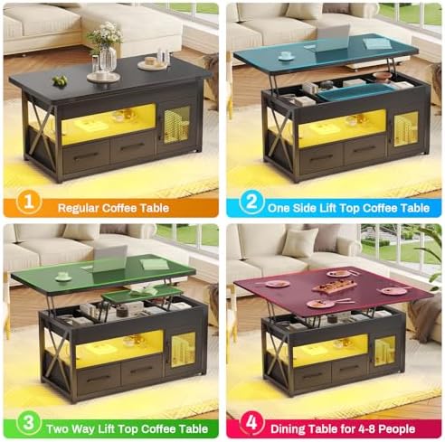 Itaar 40" Lift Top Coffee Table, 4 in 1 Coffee Tables with Storage Cabinet for Living Room, Small Farmhouse Coffee Table with 2 Fabric Drawers & LED Light for Dining Room, Black