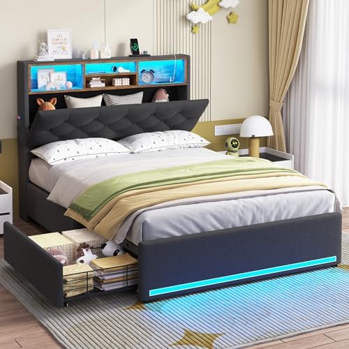 Twin Size Bed Frame with Hidden Storage Headboard and 4 Drawers, Upholstered Platform Bed Twin with LED Lights & Charging Station, No Box Spring Needed, Noise-Free, Dark Grey