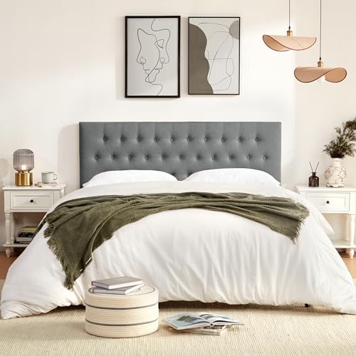 Tufted Upholstered Headboard Queen Size, Solid Wood Head Board with Durable Metal Legs, Adjustable Height Bed headboard from 37” to 51” Fabric Headboard in Modern Button Design, Grey