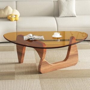 Modern Glass Coffee Table for Living Room, Mid Century Coffee Table, Small Coffee Tables, Suitable for Bedroom Living Room Reception Office Tables (Walnut/Brown, Medium 35.8 * 25.5 * 16in)