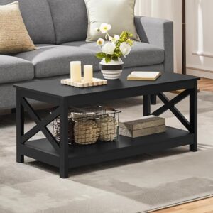 Yaheetech Wood 2-Tier Black Coffee Table with Storage Shelf for Living Room, X Design Accent Cocktail Table, Easy Assembly Home Furniture, 39.5 x 20 x 18 Inches