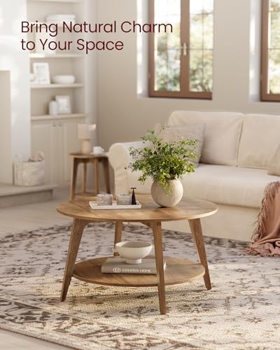 VASAGLE MAEZO Collection - Round Coffee Table, 2-Tier Center Table with Storage, Tapered Legs, Curved Transitions, 31.5 Dia. x 17.7 H Inches, Easy Assembly, for Living Room, Honey Brown ULCT243K41