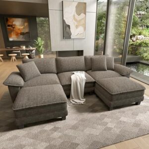 HERA'S HOUSE 124" Modular Sectional Sofa, Oversized U Shaped Couches for Living Room, Comfy Cloud Couch with Ottoman, 5-Seater Deep Seat Sofa with Throw Pillow, Chenille Ash