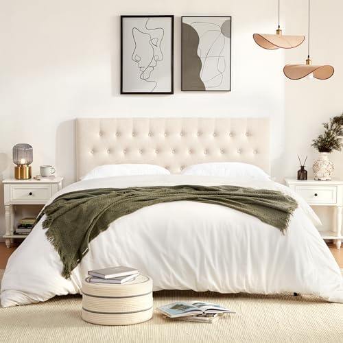 Tufted Upholstered Headboard Queen Size, Solid Wood Head Board with Durable Metal Legs, Adjustable Height Bed headboard from 37” to 51” Fabric Headboard in Modern Button Design, Beige