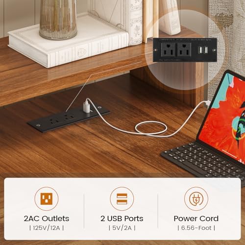 SEDETA Farmhouse L Shaped Desk, 55" Home Office Desk with Drawers and Storage Shelves, L Shaped Gaming Desk with LED Lights, Power Outlet and Monitor Shelf, Brown