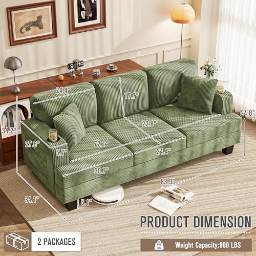 Homall Couches for Living Room, 83" Couch with Soft Deep Seats, Modern Sofa 3 Seater in Corduroy for Apartment, Bedroom (Olive Green)