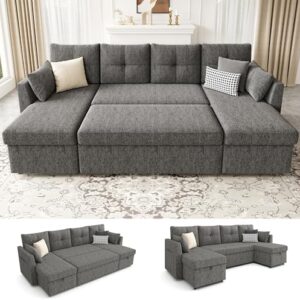 Oversized Sleeper Couch Sofa, 110 inch 2 in 1 Pull Out Couch with Double Storage Chaise, Sectional Sleeper Sofa Bed with Side Pocket for Living Room, Dark Grey