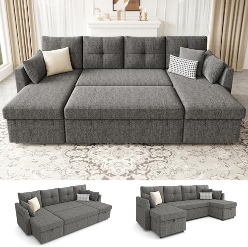 Oversized Sleeper Couch Sofa, 110 inch 2 in 1 Pull Out Couch with Double Storage Chaise, Sectional Sleeper Sofa Bed with Side Pocket for Living Room, Dark Grey